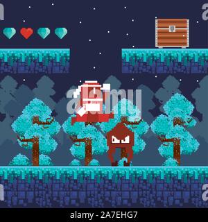 video game warrior jumping in pixelated scene Stock Vector