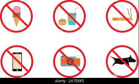 No smoking, No cell phone, No dogs and No eating prohibited signs isolated on white background, Signs forbidding different actions in various places. Stock Vector