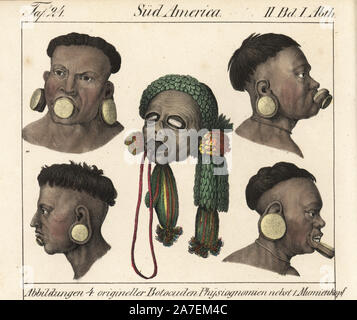 Four heads of Botocudo men from Eastern Brazil, South America, with their distinctive wooden disks in lips and ears. Mummified head of a Botocudo man. Handcoloured lithograph from Friedrich Wilhelm Goedsche's 'Vollstaendige Völkergallerie in getreuen Abbildungen' (Complete Gallery of Peoples in True Pictures), Meissen, circa 1835-1840. Goedsche (1785-1863) was a German writer, bookseller and publisher in Meissen. Many of the illustrations were adapted from Bertuch's 'Bilderbuch fur Kinder' and others Stock Photo