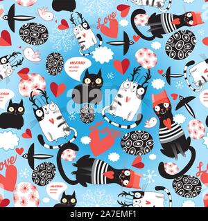 Seamless bright pattern of loving cats with hearts on a blue background. Stock Vector
