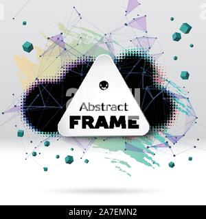 Background with brush stroke, blot, triangular grid and frame Stock Vector