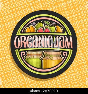 Vector logo for Organic Jam, dark round icon with 2 home made containers covered checkered fabric and tied bow on lid, original brush lettering for wo Stock Vector