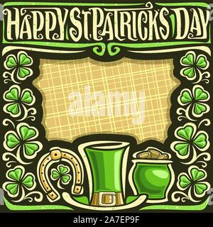 Vector poster for Saint Patrick's Day, black frame with copy space for congratulation wishes, lettering for words happy st. patrick's day, gold horses Stock Vector