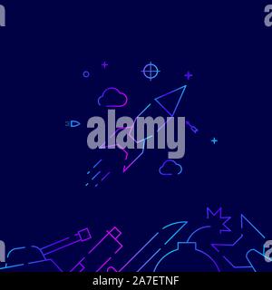 Ballistic missile, rocket flight vector gradient line icon, illustration, symbol or pictogram, sign. Dark blue background. Related bottom border. Stock Vector