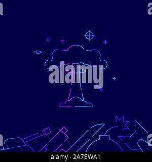 Nuclear explosion, mushroom cloud vector gradient line icon, illustration, symbol or pictogram, sign. Dark blue background. Related bottom border. Stock Vector