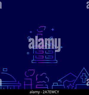 Plant, factory with smoking chimney vector gradient line icon, illustration, symbol or pictogram, sign. Dark blue background. Related bottom border. Stock Vector