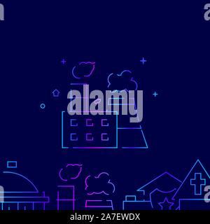 Combined heat and power plant vector gradient line icon, illustration, symbol or pictogram, sign. Dark blue background. Related bottom border. Stock Vector