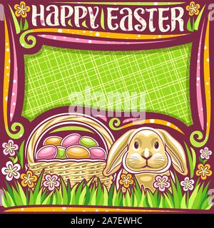 Vector poster for Easter holiday with copy space, dark frame with yellow & pink wildflowers, head of rabbit with funny ears, rustic pottle with pile o Stock Vector