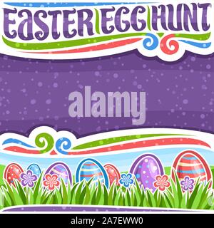 Vector poster for Easter Egg Hunt with copy space, white frame with blue and red wildflowers, colorful eggs with pattern on grass, headline with lette Stock Vector