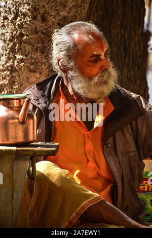 Indian Gentleman with Teapot and Tilaka, Jaipur, Rajasthan, India Stock Photo