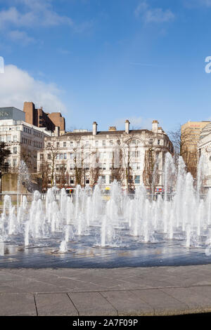 A water feature in Piccadilly Gardens, Manchester, Northern England. Stock Photo