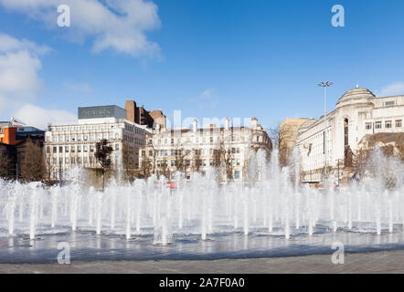A water feature in Piccadilly Gardens, Manchester, Northern England.