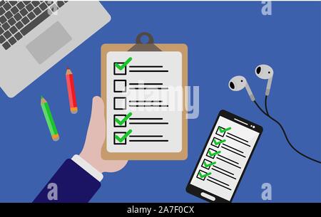 Hand holding a sheet with a questionnaire or vote. On the screen of the smartphone electronic voting. Simple design. Stock Vector