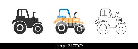 Linear, filled and colored silhouette of the tractor. Set of icons of the tractor. Stock Vector