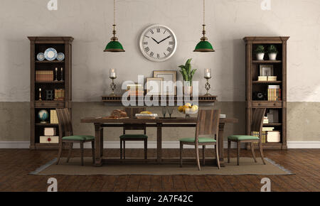 Dining room in rusic style with old wooden table with chairs and bookcase - 3d rendering Stock Photo