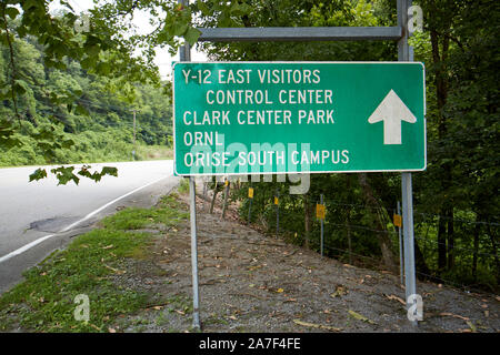 roadsign for y-12 national security complex visitors center clark center park ornl and orise south campus oak ridge tennessee USA