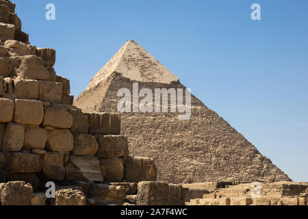 Pyramid of Khafre (also read as Khafra, Khefren) or of Chephren is the second-tallest and second-largest of the Ancient Egyptian Pyramids of Giza and Stock Photo