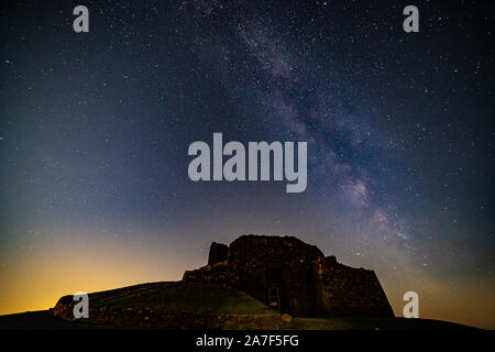 Milky way over the Jubilee tower, Moel Famau, Clwydian Range, North Wales Stock Photo