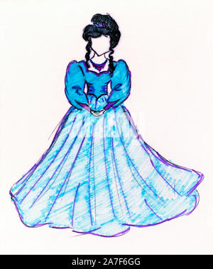 Girl in blue long old fashioned dress. Girl hand drawing Stock Photo - Alamy