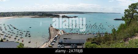 Erquiy, Cotes-d-Armor / France - 20 August, 2019: panorama view from above of the old port and harbor of Erquy in Brittany Stock Photo