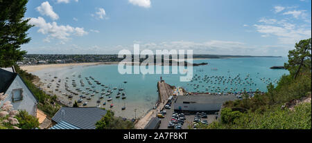Erquiy, Cotes-d-Armor / France - 20 August, 2019: panorama view from above of the old port and harbor of Erquy in Brittany Stock Photo