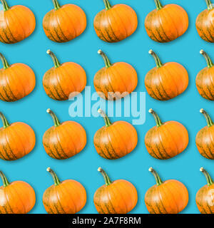 Geometric arrangement of orange pumpkins on turquoise background, colorful vegetable texture, vegan food pattern, autumn Halloween background Stock Photo