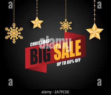 Christmas sale banner in paper cut style. Vector illustration digital craft paper art. Stock Vector