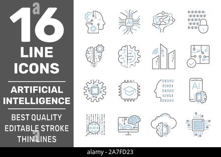 Artificial intelligence line icons. Set of brain, robot, ai, head, technology and more. Editable stroke. EPS 10 Stock Vector
