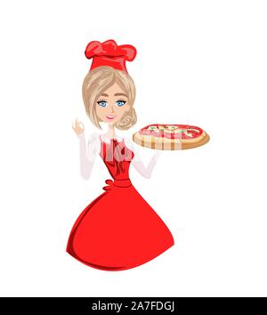 Woman pizza cook. Chef. Isolated on a white background. Stock Vector