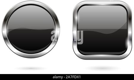 Black glass buttons. 3d shiny round and square icons Stock Vector