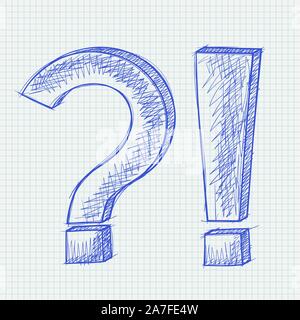 Question and Exlamation marks. Blue hand drawn sketch on lined paper background Stock Vector