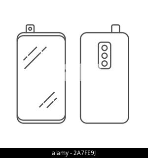 Black line mobile smart phone mock up. Smartphone mobile application presentation or portfolio mockups. This smartphone mock-up isolated on white Stock Vector