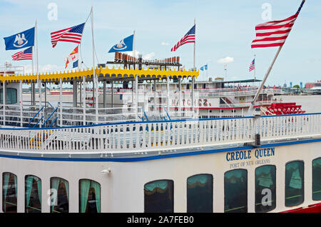 New Orleans, Louisiana/USA - June 14, 2019: Landmark steamboats at Port of New Orleans on Mississippi River. Stock Photo