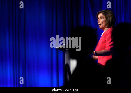 Speaker Nancy Pelosi delivers remarks during the Inaugural Independence Dinner, hosted by Pennsylvania Democratic Party, at the Pennsylvania Convention Center, in Philadelphia, PA, on November 1, 2019. Stock Photo