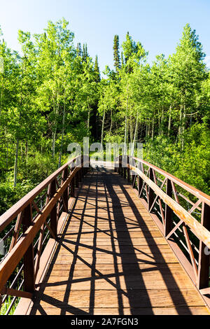 Snowmass village Aspen town at Brush Creek trail in Colorado downtown with empty wooden bridge and nobody in summer view Stock Photo