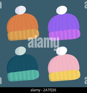 Beautiful set with warm wool winter hat for decoration design in cartoon style. Orange, violet, green and pink color. Seasonal clothes accessory. Stock Vector