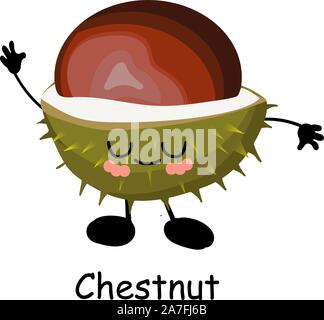 Walnut chestnut. Prickly nut. Vector illustration. Walnut character isolated on white background.. Stock Vector
