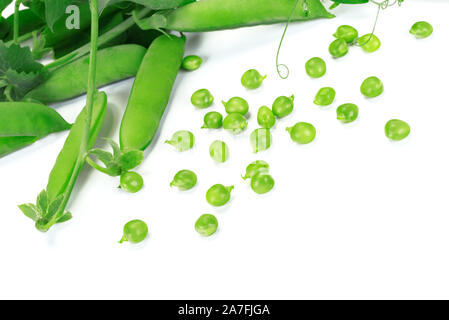 Fresh green peas pods and green peas with sprouts on white background in close-up Stock Photo