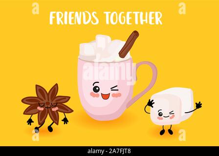 Cinnamon, marshmallows and a cute pink cup with hot chocolate. Cartoon characters. Stock Vector