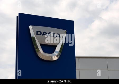 Krakow, Poland, July 12, 2019:  Dacia logo on the car dealership banner. Dacia is a Romanian car and automotive manufacturer, part of Renault group Stock Photo