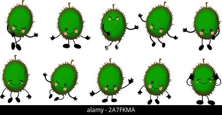 Durian fruit. Set of cute characters with hands and smile. Tropical fruits are green. Stock Vector