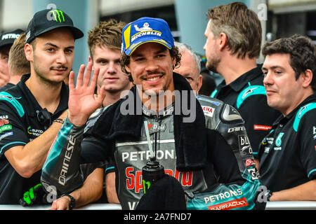 Sepang, Selangor, MALAYSIA. 2nd Nov, 2019. FRANCO MORBIDELLI of PETRONAS YAMAHA SRT celebrates with his team during the Qualifying Session of the 2019 Shell Malaysia Motorcycle Grand Prix at Sepang International Circuit outside of Kuala Lumpur. He is going to start at third place on the grid for Sunday's race. Credit: Fuad Nizam/ZUMA Wire/Alamy Live News Stock Photo
