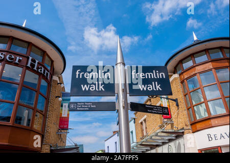 The navigation signs for Fremlin Walk shopping precinct, Maidstone, Kent. Built on the site of the old Fremlin Brewery in the 1990s