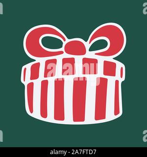 Vector hand drawn doodle illustration of round Christmas gift box. New Year and Christmas present in red striped wrapping paper with a bow. Design ele Stock Vector