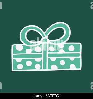 Vector hand drawn doodle illustration of rectangle Christmas gift box. New Year and Christmas present in green dotted wrapping paper with a bow. Desig Stock Vector