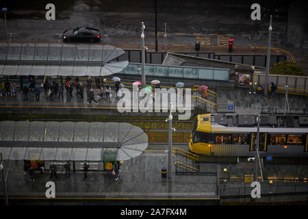 Manchester Deansgate Castlefield Metrolink tram station from above in the rain Stock Photo