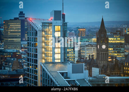 Manchester Town Hall and the Skyline  with Great Northern tower (f) the Arndale Tower , CIS Tower at night Stock Photo