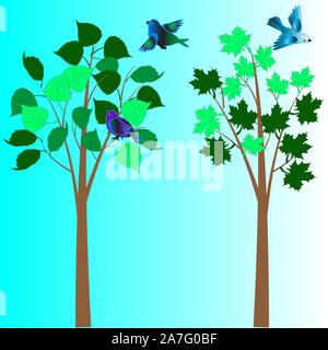 Flying beautiful birds and trees with green leaves. Stock Vector