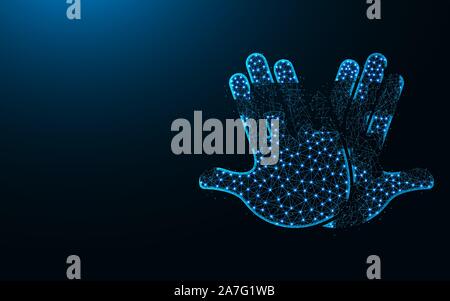 High five low poly design, hands abstract geometric image, clap wireframe mesh polygonal vector illustration made from points and lines on dark blue b Stock Vector