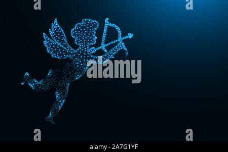 Cupid with bow and arrow low poly design, Angel of Love abstract geometric image, wireframe mesh polygonal vector illustration made from points and li Stock Vector